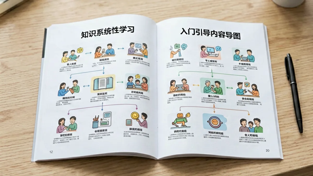 做爱视频科普入门栏目封面，画面呈现一本打开的图文手册与相关知识结构导图