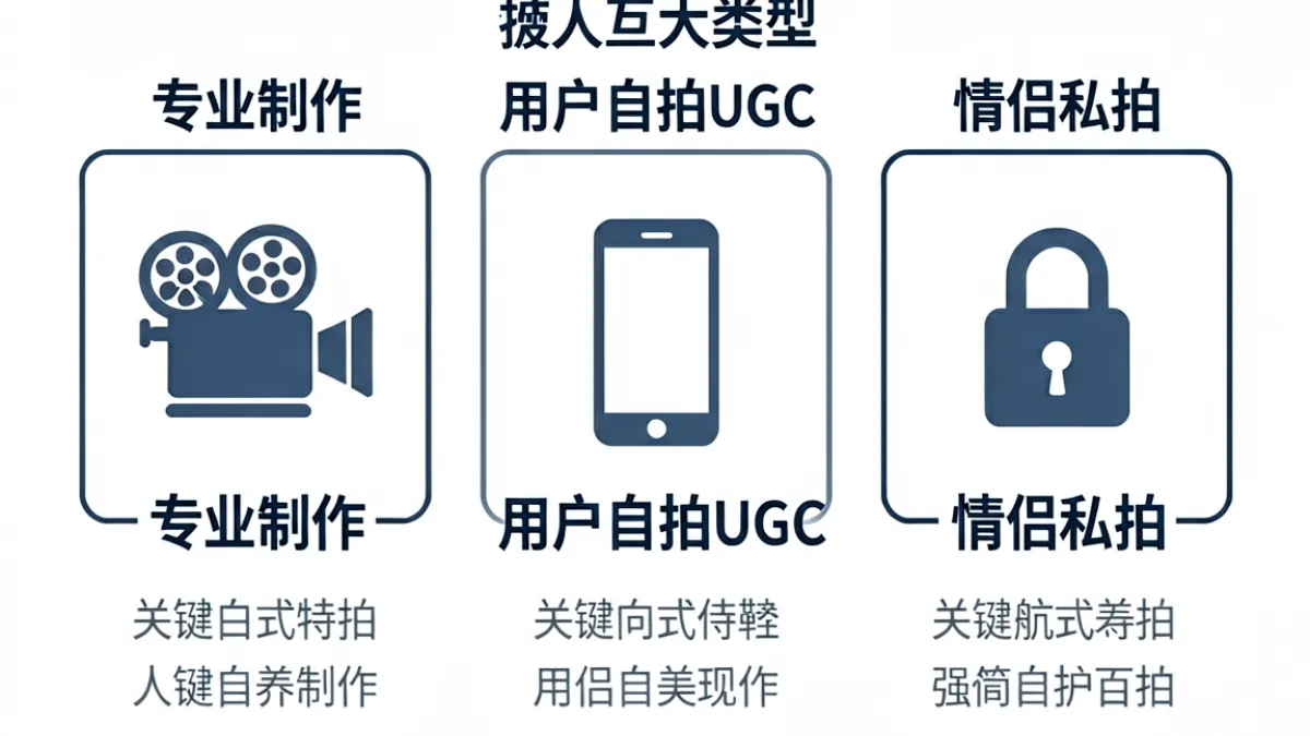 一张信息图表展示成人视频内容分类体系，包括专业制作、用户自拍和情侣私拍三大类型的关系与区别
