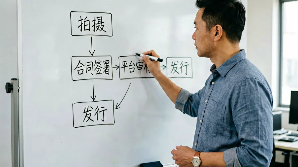 做爱视频 - 一位研究人员在白板前梳理成人视频行业的制作流程与法规框架，展示专业分析的场景